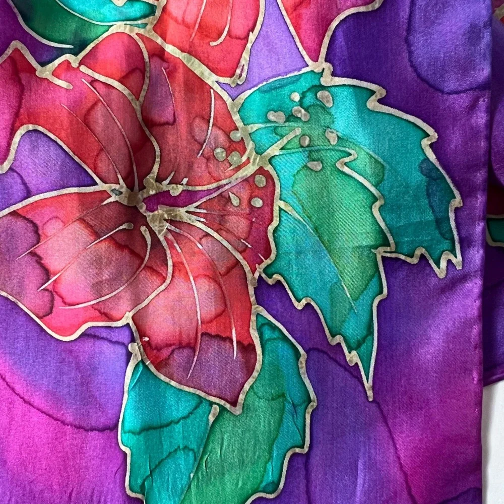 Handpainted Silk Floral Scarf Signed JT Purple Orange Green 8 x 72